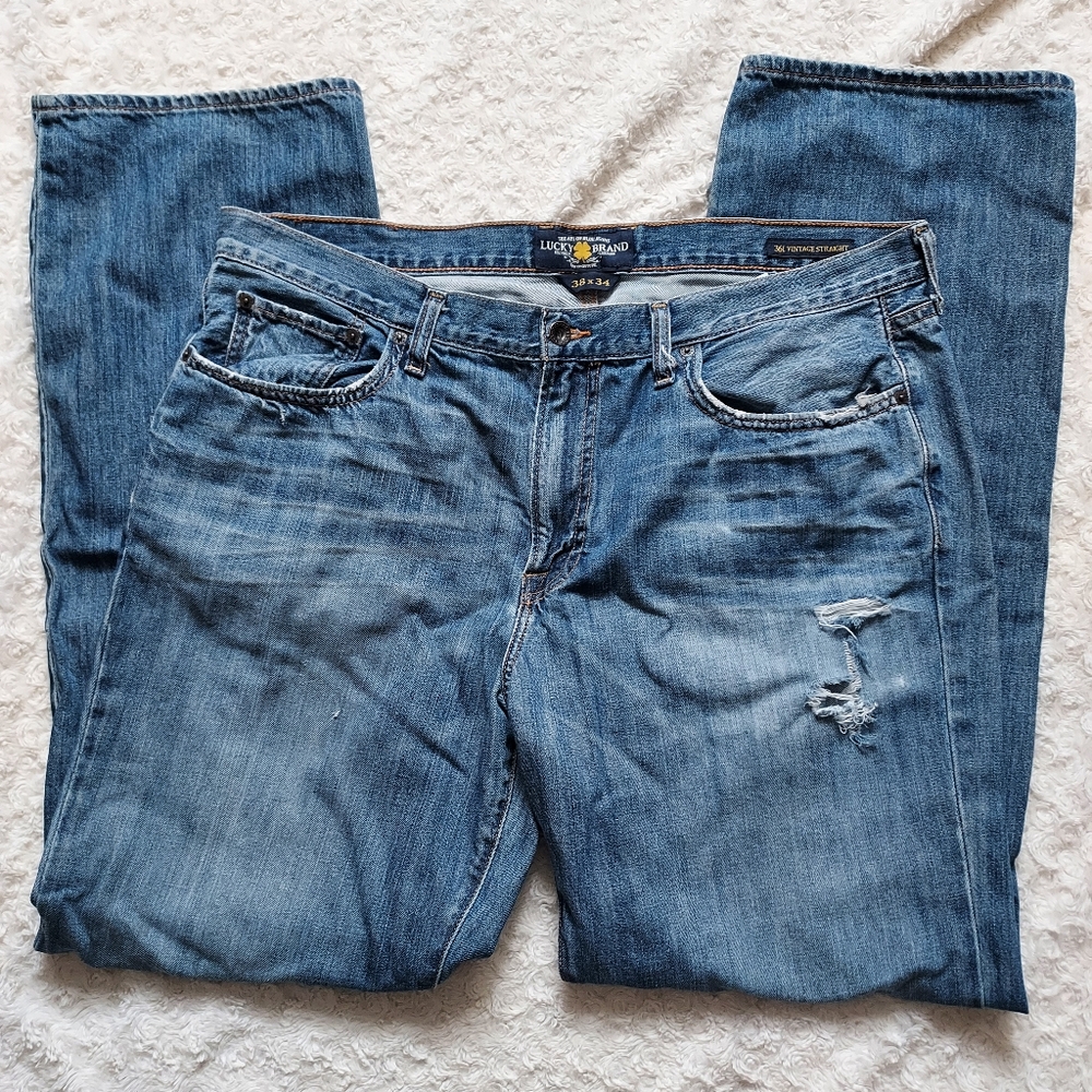 Lucky Brand 361 Vintage Straight Jeans 38x34 Relaxed Distressed Cowboy Western